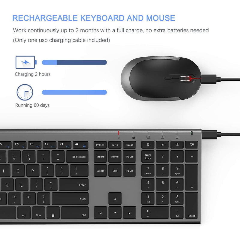 [Australia - AusPower] - Wireless Keyboard and Mouse, Vssoplor 2.4GHz Rechargeable Compact Quiet Full-Size Keyboard and Mouse Combo with Nano USB Receiver for Windows, Laptop, PC, Notebook-Dark Gray Dark Gray 