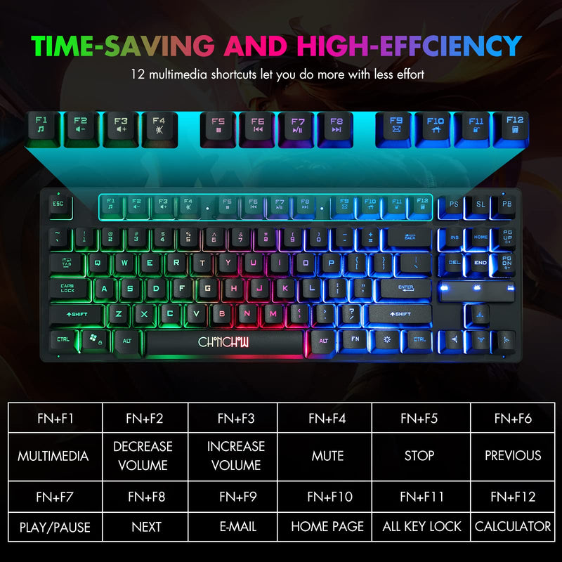 [Australia - AusPower] - RGB Compact Gaming Keyboard, CHONCHOW USB Wired 87 Keys Gaming Keyboard LED Rainbow Backlit Tenkeyless Gaming Keyboard TKL Keyboard Gaming RGB Keyboard for Laptop Ps4 Xbox PC Computer Game and Work Black 