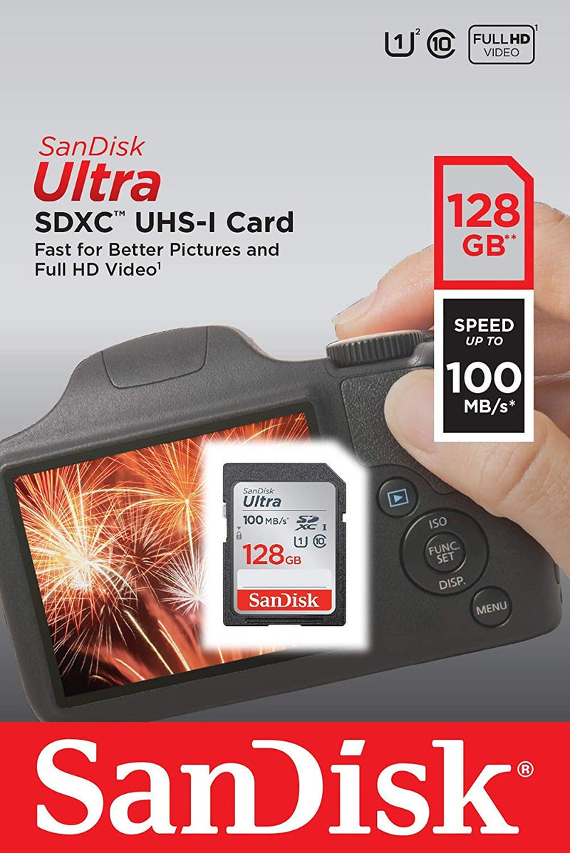 [Australia - AusPower] - SanDisk Ultra SDXC 128GB SD Card for Olympus Mirrorless Camera Works with OM-D E-M10 IV, OM-D E-M5 III (SDSDUNR-128G-GN6IN) Bundle with (1) Everything But Stromboli SD & Micro Memory Card Reader 