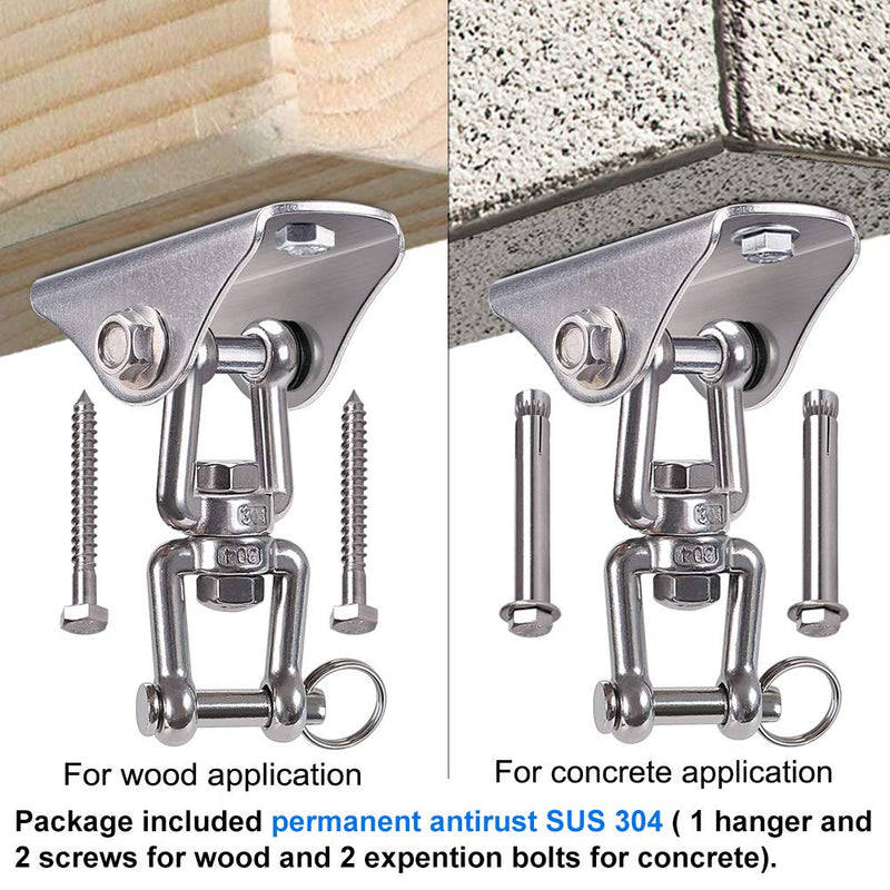 [Australia - AusPower] - BeneLabel Permanent Antirust Stainless Steel Heavy Duty Swing Hanger, 1000 LB Capacity, 2 Screws for Wooden and 2 Expansion Bolts for Concrete, Yoga Hammock Chair Sandbag Swing Sets, 360° Swing 