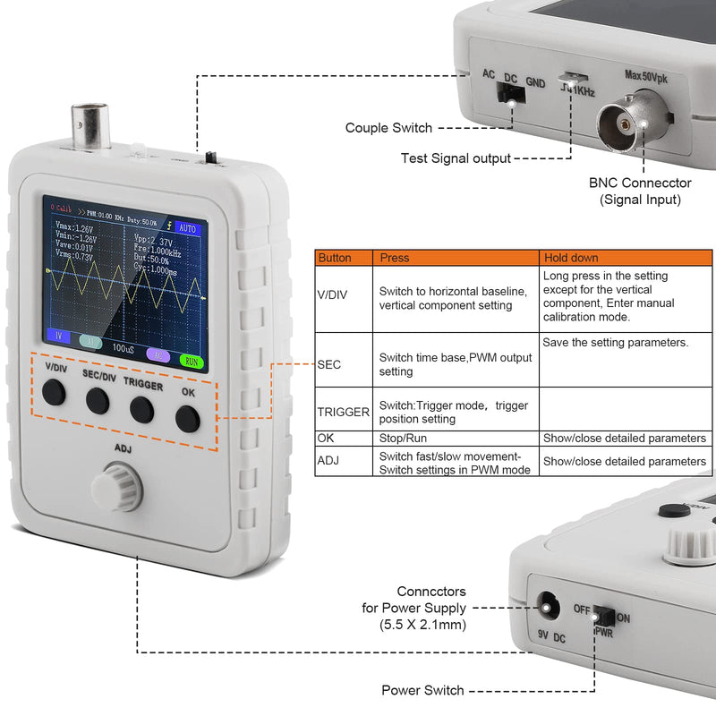 [Australia - AusPower] - Digital Oscilloscope Kit,Aideepen Handheld oscilloscopes with DC/AC Power Supply and BNC-Clip Cable Probe 