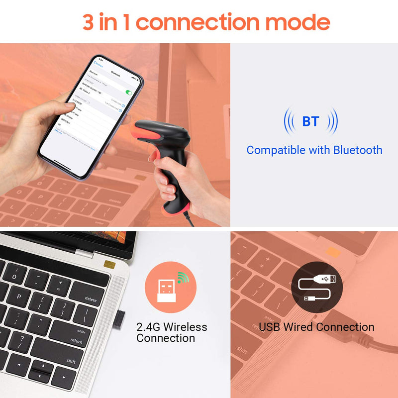 [Australia - AusPower] - Tera Pro Wireless 2D QR Barcode Scanner 3 in 1 Bluetooth & 2.4GHz Wireless & USB Wired Connection Connect Smart Phone Tablet PC Image Bar Code Reader with Vibration Alert Model HW0002-O 