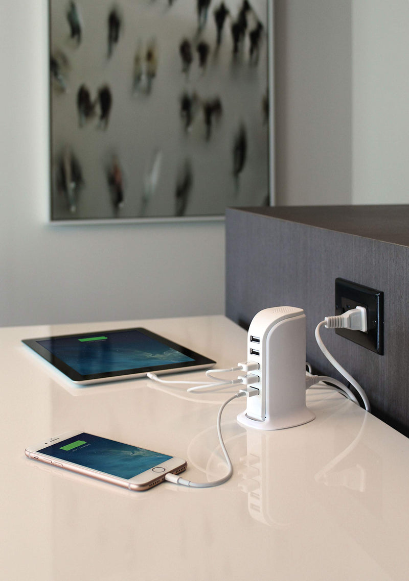 [Australia - AusPower] - myCharge 5 Port USB Charging Station for Multiple Devices - 25W Desktop Tower Stand Family Hub Wall Charger for Apple iPhone 12, iPad/Android for Samsung Galaxy, Tablet, Cell Phone, Accessories 