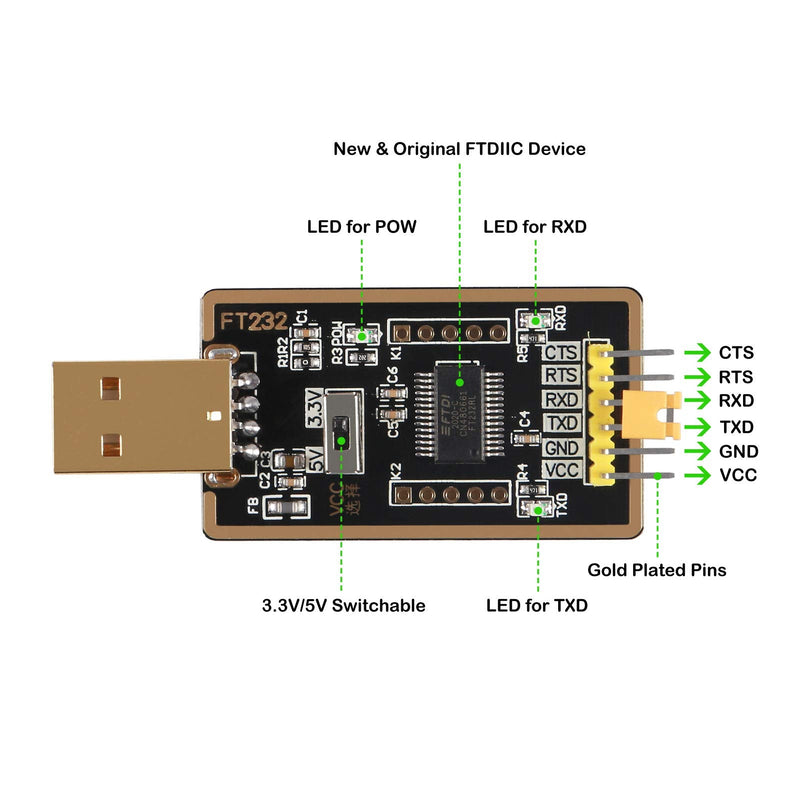 [Australia - AusPower] - FT232RL USB to TTL Adapter for Development Projects, USB to Serial Converter Module with Genuine FTDI USB UART Compatible with Windows 7/8/10/XP,Linux, Mac OS 