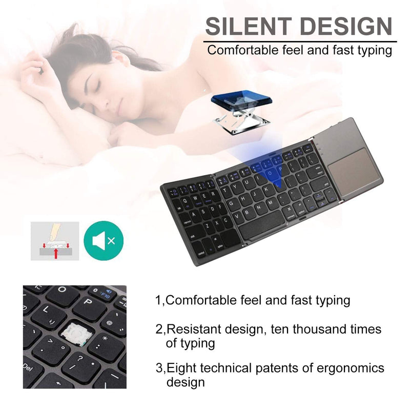 [Australia - AusPower] - Foldable Bluetooth Keyboard, Rock&Rown Pocket Size Portable Wireless Keyboard with Touchpad for Mac OS,Android, Windows, Linux, PC, Tablet, with Rechargeable Li-ion Battery-Dark Gray 