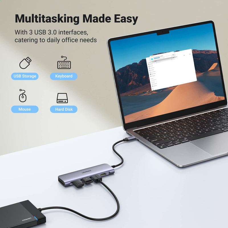 [Australia - AusPower] - UGREEN USB C Hub, 6-in-1 USB C to USB Adapter, 4K HDMI Adapter Multiport Dongle, 3 USB 3.0 Ports, SD/TF Card Reader, USB Converter Compatible with Laptop, MacBook Pro, iPad and More Type C Devices 