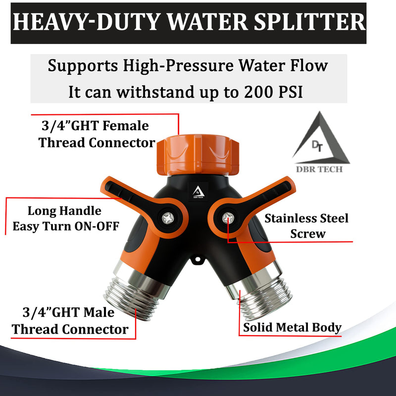 [Australia - AusPower] - Hose Splitter 2 Way, Heavy Duty Metal Connector, Two Way Garden Hose Splitter, High Flow Spigot Faucet Bib Adapter, Lead Free Solid Double Y Shut Off Valve for Outdoor Gardening Hoses, Orange 