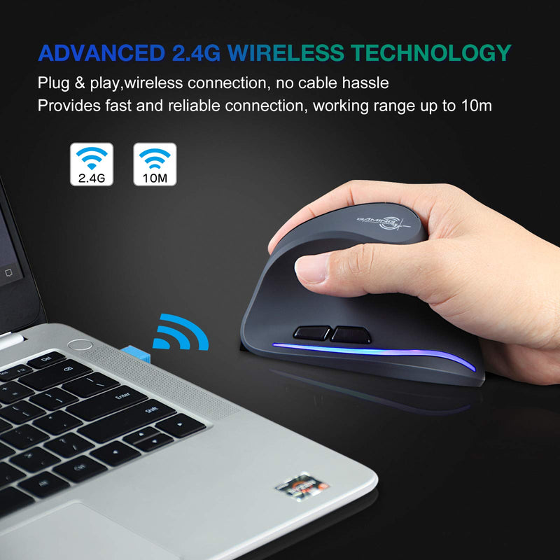 [Australia - AusPower] - TRELC Ergonomic Mouse, 2.4G Wireless Vertical Optical Mouse with Adjustable Sensitivity (1000/1600/2400 DPI), 6 Buttons for PC, Desktop, Laptop, Notebook (Black) 2.4GHz 