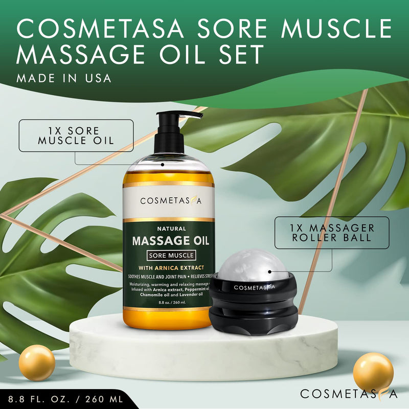 [Australia - AusPower] - Cosmetasa Sore Muscle Massage Oil with Massage Ball Roller - Soothes Muscle and Joint Pain with Arnica Extract, Peppermint, Chamomile, and Lavender Oil 