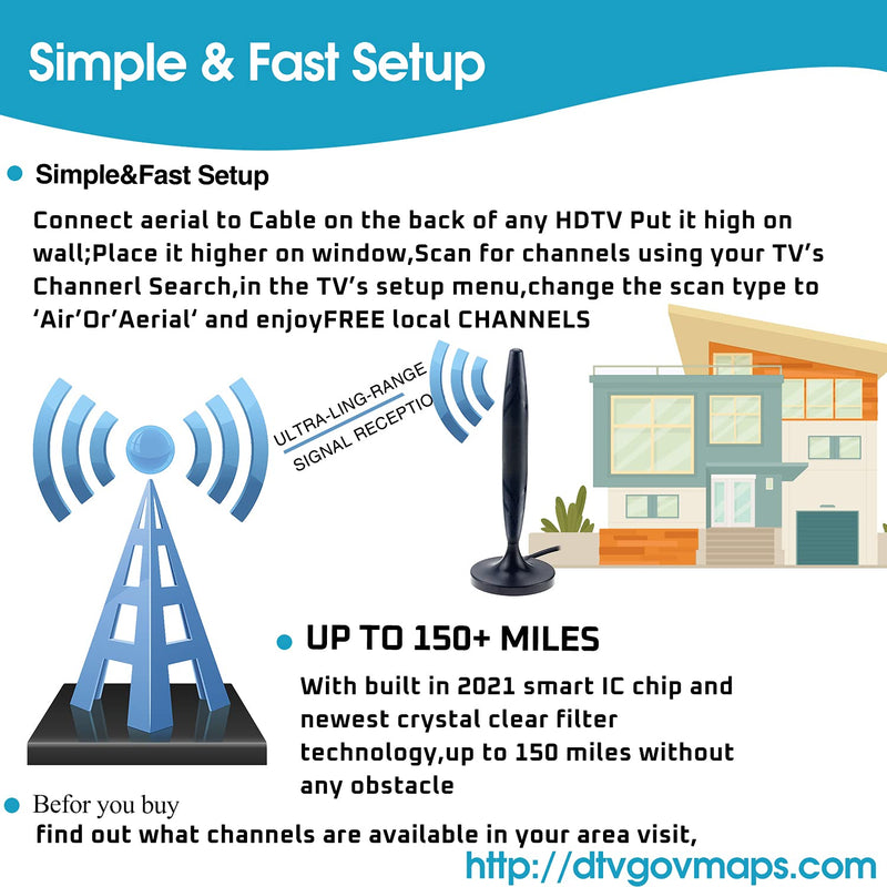 [Australia - AusPower] - TV Antenna Amplified HD Digital Indoor Up to 170+ Miles Range Support 1080p 4K UHF VHF and All Older TV's with Switch Console, Signal Booster All Type Television 2022 Updated 