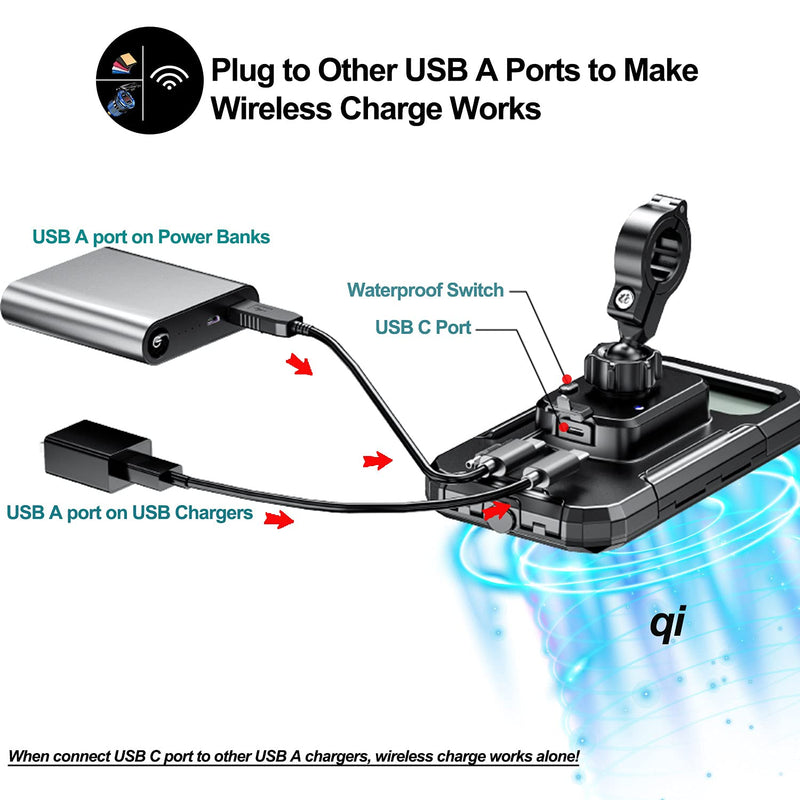 [Australia - AusPower] - iMESTOU Waterproof IP67 Motorcycle Phone (4.7"-6.1") Mount Wireless/ USB C Charger Handlebar Cellphone Holder 360 Rotation Work by Wiring to 12/24V Vehicles or Plugging to USB A Sockets For Smaller Phone Size 