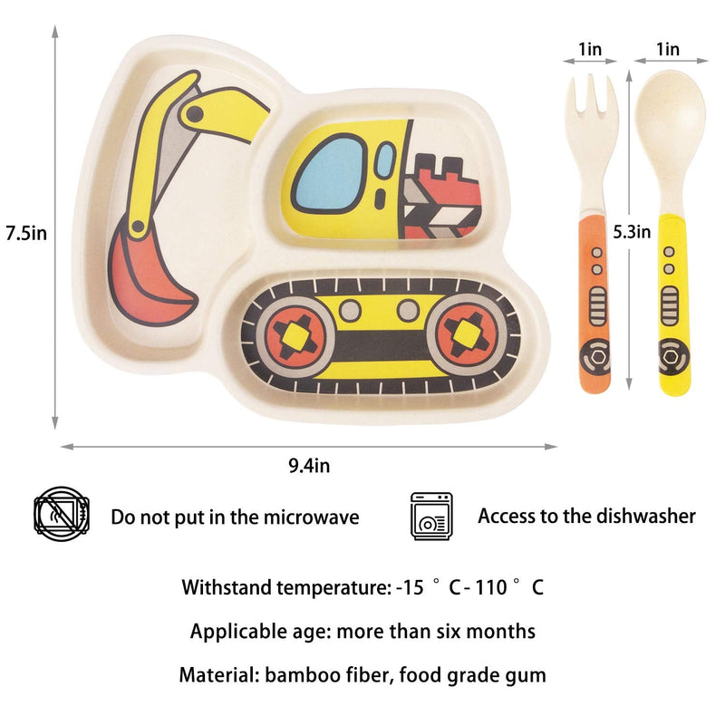 [Australia - AusPower] - Kid Plate Set Bamboo Toddler Plates Dinnerware Dinner Dish Set Baby Feeding Spill Proof Divided Plate - Baby Spoon and fork 3-Piece Set Teaches Child Portion Control Eco-Friendly (excavator/crane) excavator/crane 