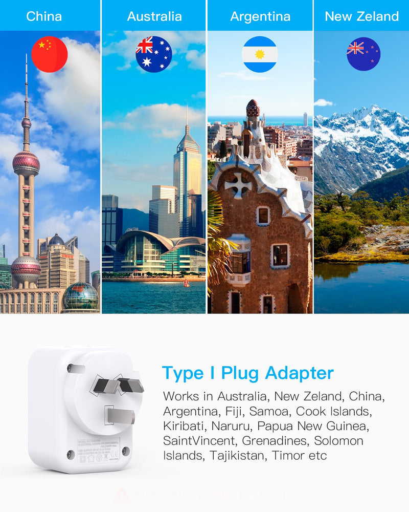 [Australia - AusPower] - US to Australia New Zealand Power Plug Adapter, Type I Plug Adapter with 2 Outlets 3 USB Ports(2 USB C), Australia Travel Plug Adapter for USA to Australian AU China Argentina Fiji Travel Essentials Type I - Australia China 