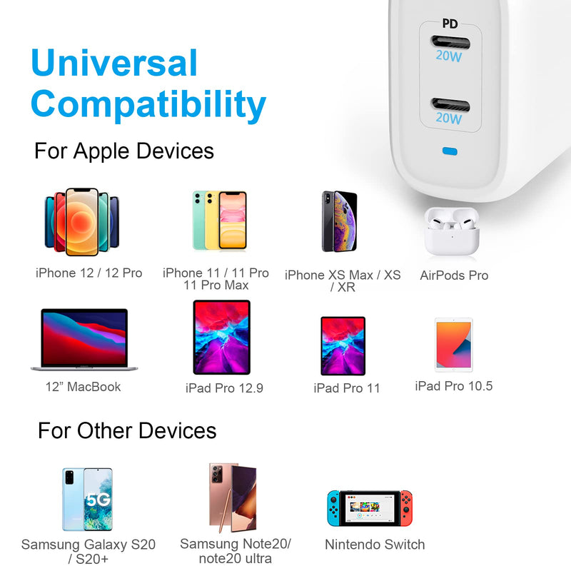 [Australia - AusPower] - USB C Wall Charger PowerLot 40W PD3.0 Dual Port Power Adapter GaN Wall Charger, 20W USB C Charger for MacBook Air, iPhone 13/13 Pro/13 Mini, iPhone 12/12 Pro/12 Pro Max/12 Mini, iPad, Samsung etc 