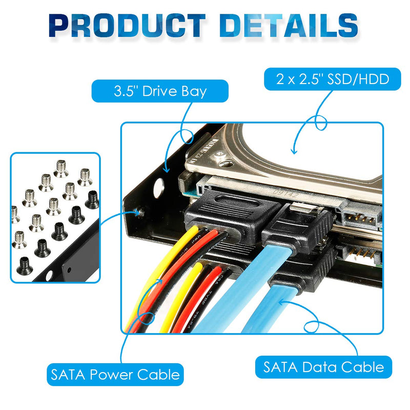[Australia - AusPower] - Dual SSD/HDD Metal Mounting Bracket kit 2.5 to 3.5, Convert Any 2.5 inch Solid State Drive/HDD Into One 3.5 inch Drive Bay 2 x 2.5 HDD/SSD to 3.5 Metal Black 