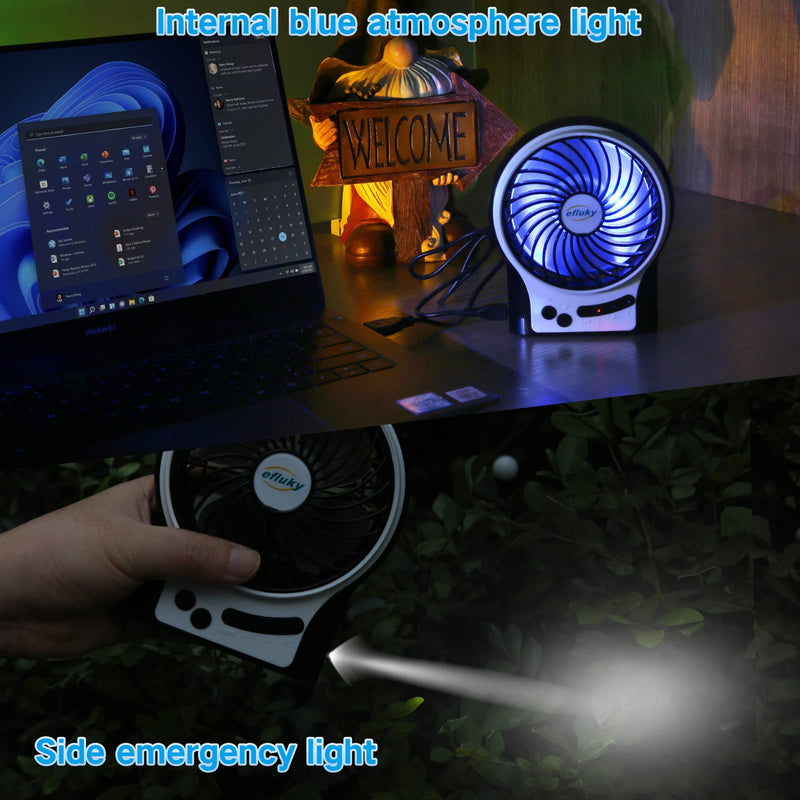 [Australia - AusPower] - efluky 3 Speeds Mini Desk Fan, Rechargeable Battery Operated Fan with LED Light and 2200mAh Battery, Portable USB Fan Quiet for Home, Office, Travel, Camping, Outdoor, Indoor Fan, 4.9-Inch, Black 