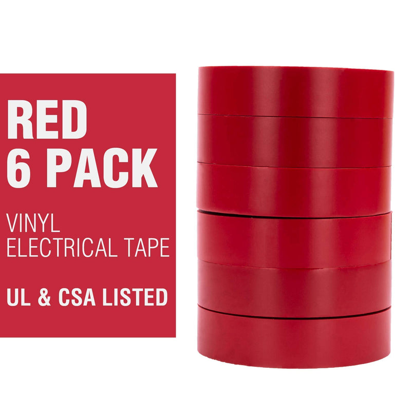 [Australia - AusPower] - Cambridge Vinyl Electrical Tape, 3/4-In x 66-Ft x 7 Mil, Red, 6-Rolls, Indoor/Outdoor Use, Flame Retardant, Water Resistant, UL/CSA Listed, Industrial and Contractor Grade 