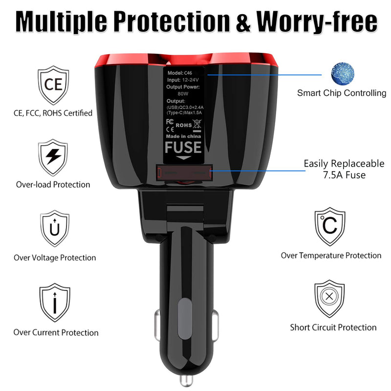 [Australia - AusPower] - Cigarette Lighter Splitter QC 3.0, 2-Socket USB C Car Charger Adapter Type C Multi Power Outlet 12V/24V 80W DC with LED Voltmeter Switch Dual USB Port for iPhone GPS Dashcam iPad Android Samsung 