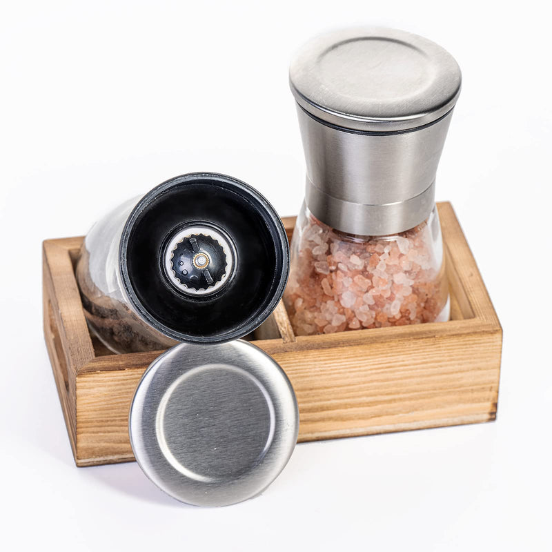 [Australia - AusPower] - Salt and Pepper Grinder Set with Wood Tray, Manual Sea Salt, Spice and Peppercorn Mill, Glass Container, Stainless Steel Cap, Adjustable Coarseness and Refillable for Modern Farmhouse Kitchen Table Clear/Silver 