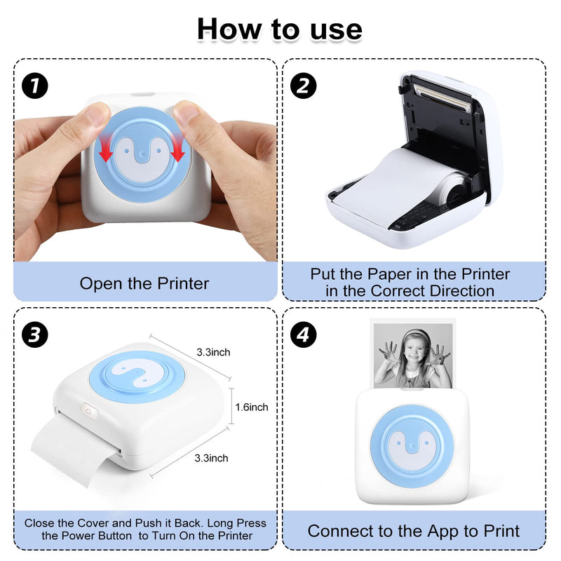 [Australia - AusPower] - Mini Printer Portable Thermal Photo Printer Bluetooth Wireless Label Printer Sticker Printer Small Receipt Printer for iPhone and Android, Journal, Notes, Memo, Black and White Picture -Blue Blue 