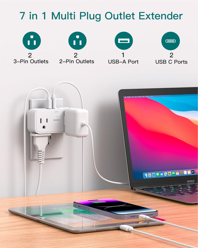 [Australia - AusPower] - Outlet Extender Multi Plug Outlet - Addtam 4 AC Outlets 3 USB Wall Charger (2 USB C), 3 Sided Multiple Plug Adapter No Surge Protector for Cruise Ship Home Office Dorm Room Travel Essentials 1 Pack 