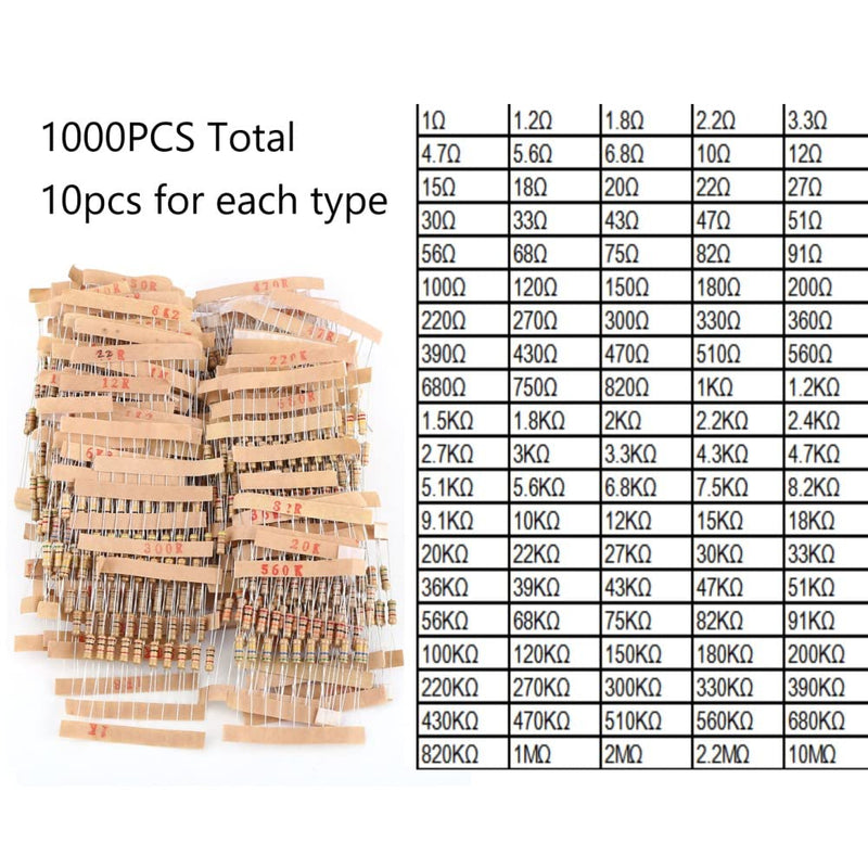 [Australia - AusPower] - Resistor Kit, 1/2 Watt Resistors Kit, Resistors Assortment kit, 1000pcs 100 Values Carbon Film Resistor Assortment Kit 1-10M ohm 
