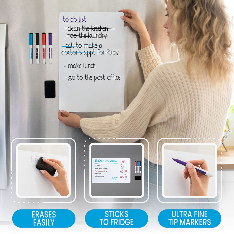 [Australia - AusPower] - Magnetic Dry Erase Whiteboard Sheet for Kitchen Fridge with Stain Resistant Technology, 16x11" - Includes 4 Markers and Big Eraser with Magnets, Refrigerator White Board Organizer Planner Grocery List 