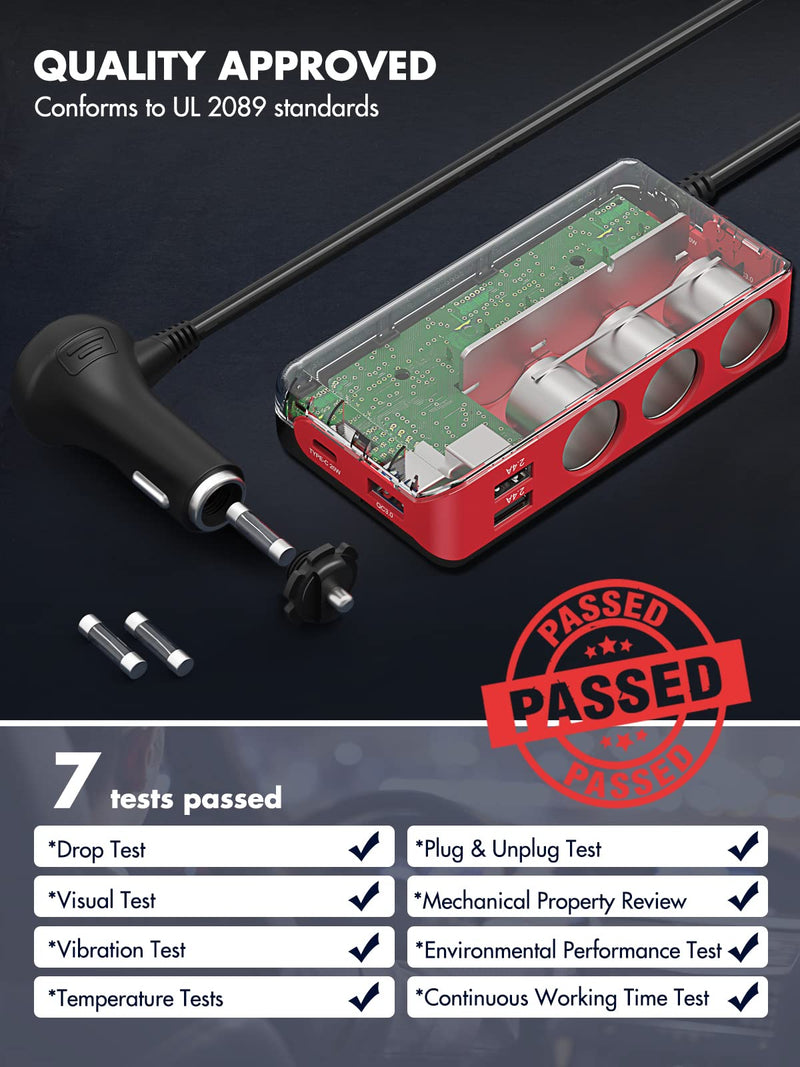 [Australia - AusPower] - Cigarette Lighter Adapter, 3 Socket Cigarette Lighter Splitter, Fast Car Charger Adapter with 20W USB C PD & 18W QC 3.0 (5V/10.4 A), 12V Multi Port Outlet Extension for GPS/Dash Cam/Radar Detector 