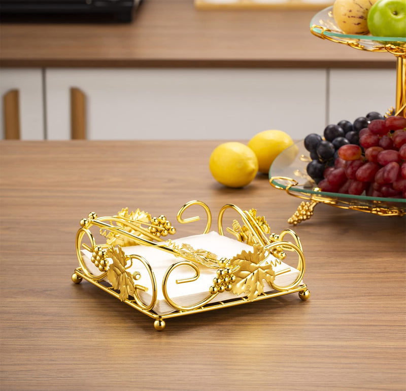 [Australia - AusPower] - Flat Napkin Holder Gold With Weight Arm for Kitchen Courtertops Dinning Table Grape Leaf Modern Tissue Dispenser Stainless Steel Gilding (7" L X 7" W X 2.5" H) 