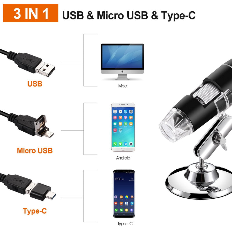 [Australia - AusPower] - Bysameyee USB Microscope, Digital Handheld 40X-1000X Magnification Endoscope Mini Video Camera with 8 Adjustable LED Lights, Compatible with Windows 7/8/10/11 Mac Linux Android (with OTG) USB/Micro-USB 