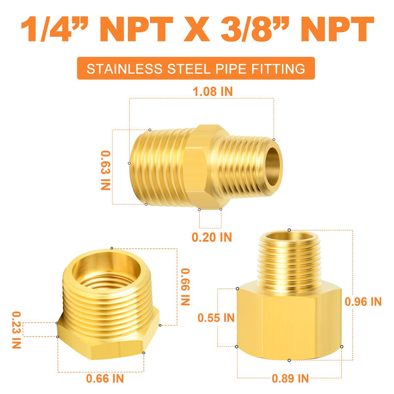 [Australia - AusPower] - GASHER 15PCS Brass Pipe Fitting, Hex Bushing, Reducer Adapter, Reducing Hex Nipple 3/8 Inch NPT x 1/4 Inch NPT 3/8" NPT x 1/4" NPT 15 