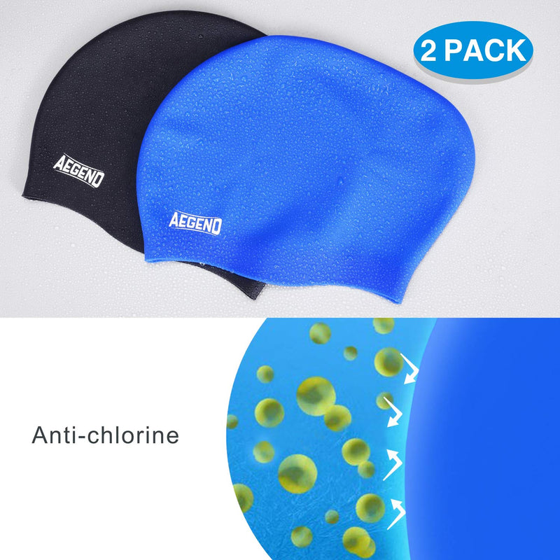 [Australia - AusPower] - Aegend Swim Caps for Long Hair (2 Pack), Durable Silicone Swimming Caps for Women Men Adults Youths Kids, Easy to Put On and Off, 4 Colors 