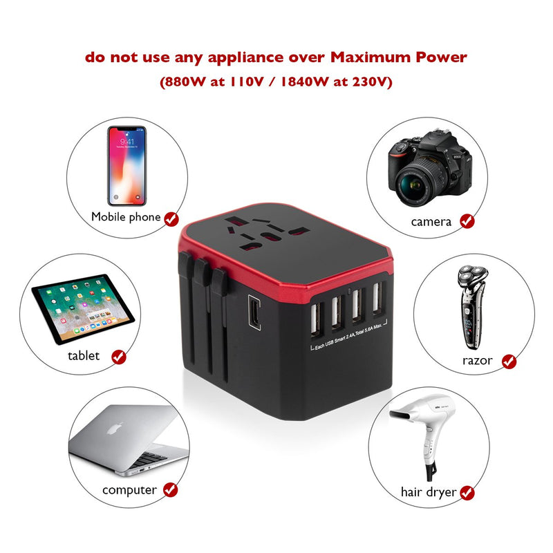 [Australia - AusPower] - hyleton Worldwide Travel Adapter, 4 USB Ports with 5.6A High Speed Charger and 1 3.0A Type C International Wall Charger All in One Universal Adaptor for Mobile Phones and Tablets Black+Red 