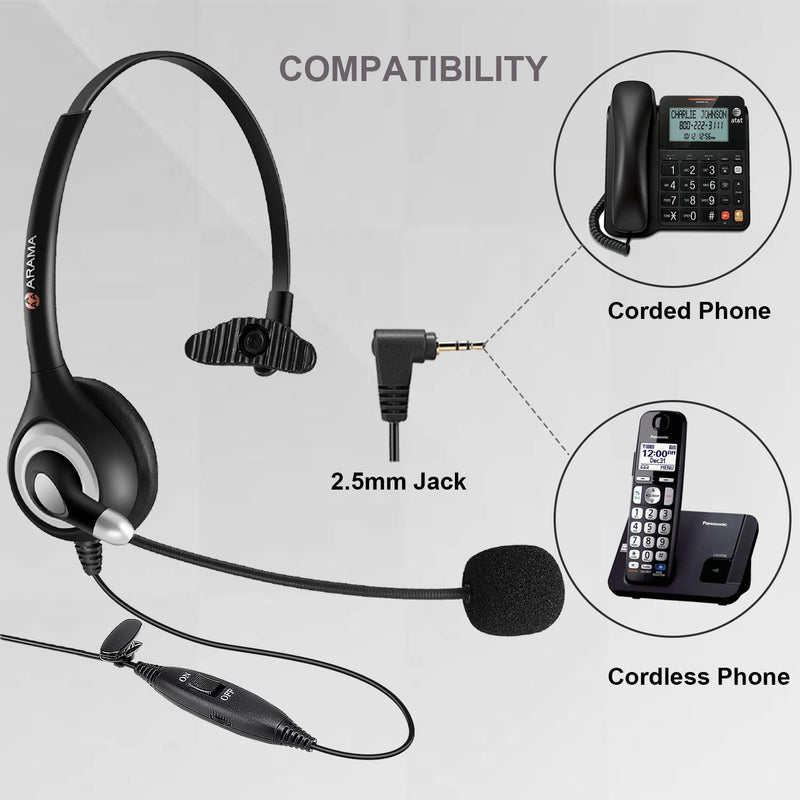 [Australia - AusPower] - Phone Headset 2.5mm with Noise Canceling Mic & Mute Switch Telephone Headset for Panasonic AT&T Vtech Uniden Cisco Grandstream Cordless Phones 