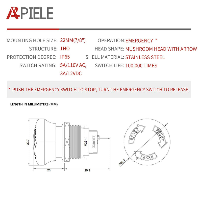 [Australia - AusPower] - APIELE 22mm Metal Emergency Stop Push Button Swicth Latching 12V-250V Waterproof Stianless Steel 7/8" Mouting Hole 22mm ( 7/8") A Type 