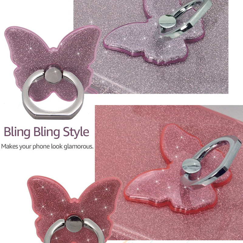 [Australia - AusPower] - Finger Ring Stand,2 Pack Glitter 360°Rotation Universal Phone Grip Holder Kickstand for iPhone 13 12 Pro Max 8 Plus 7 Plus 6s,Galaxy S22 Ultra S9 Plus S8 Plus and More Device (Butterfly,Purple+Pink) Butterfly,Purple+Pink 