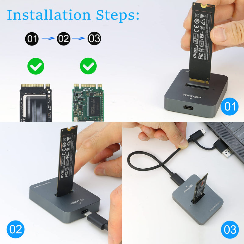 [Australia - AusPower] - M.2 to USB Docking Station, RIITOP M.2 SSD to USB-C Reader Adapter for Both M.2 (M Key) NVMe SSD and (B+M Key) SATA-Based SSD 