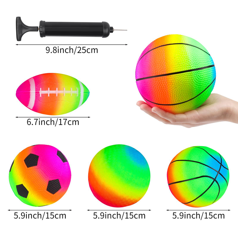 [Australia - AusPower] - 4 Pack Rainbow Sports Balls Set 6 Inch Inflatable Vinyl Balls with Added Hand Air Pump, Neon Basketball, Soccer Ball, Volleyball and Football for Kids and Toddlers Playground Indoor and Outdoor Use 