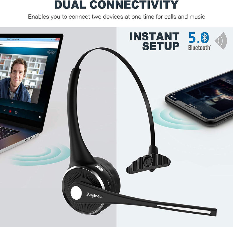 [Australia - AusPower] - Trucker Bluetooth Headset, Angteela Wireless Headset with Microphone, Wireless Cell Phone Headset with Noise Canceling Mic Charging Base Mute Function for Home Office Call Center Skype 