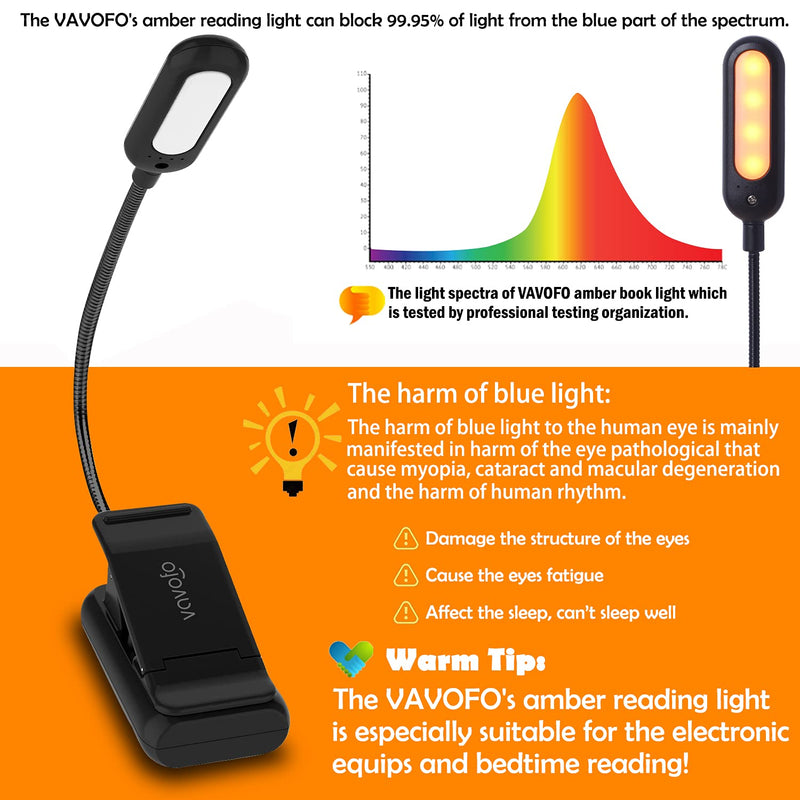 [Australia - AusPower] - VAVOFO Amber Rechargeable Book Lights, Blue Light Blocking Reading Lights, 7 LEDs Eye Care 9 Colors 9 Brightness Clip On for Bookworms with Power Indicator Lasting 70h (2-Pack, Black) 2-Pack Black 
