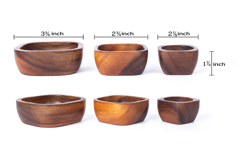 [Australia - AusPower] - Tiny Acacia Wood Nesting Square Set 3 Serving Bowl 3¾”, 2¾”, 2⅛” Small 3 Wooden Spoon Mix size Stackable little Dish for Prep Salt Pepper Mustard Wasabi Dip sauce Salsa Nut Tableware Wooden Nest Bowl 