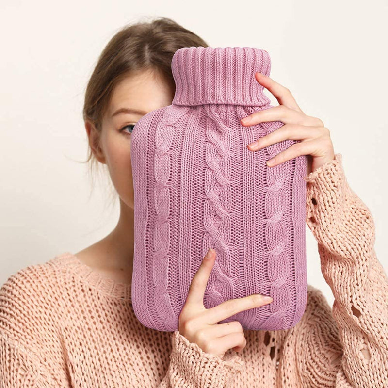 [Australia - AusPower] - OliviaLiving Classic Transparent Hot Water Bottle 2 Liter with Knit Cover - Great for Cramps, Pain Relief & Cozy Nights - Water Heating Pad - Feet & Bed Warmer for Adults Pink 