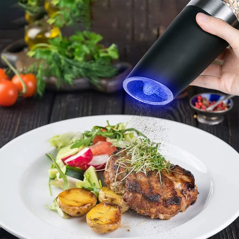 [Australia - AusPower] - Electric Salt and Pepper Grinder Set, Gravity Sensor, Automatic Pepper Mill, One Hand Operation, Battery-Operated with Adjustable Coarseness, Blue Led Light (Black 2 Pack) Black 2P 
