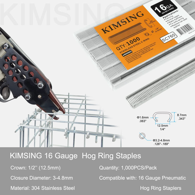 [Australia - AusPower] - KIMSING SC760 16 Gauge 5/8'' Crown Stainless Steel C Ring Staples C-Rings Hog Rings, Wire Fencing Staples, Fasteners for C Ring Stapler, Hog Ring Tool, C Ring Plier, 1000 PCS/Pack 