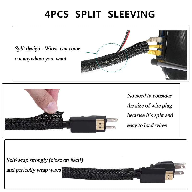 [Australia - AusPower] - Cord Management Organizer Kit 4 Cable Sleeve Split with 41Self Adhesive Cable Clips Holder, 10pcs and 2 Roll Self Adhesive tie and 100 Fastening Cable Ties for TV Office Car Desk Home Nightstand 