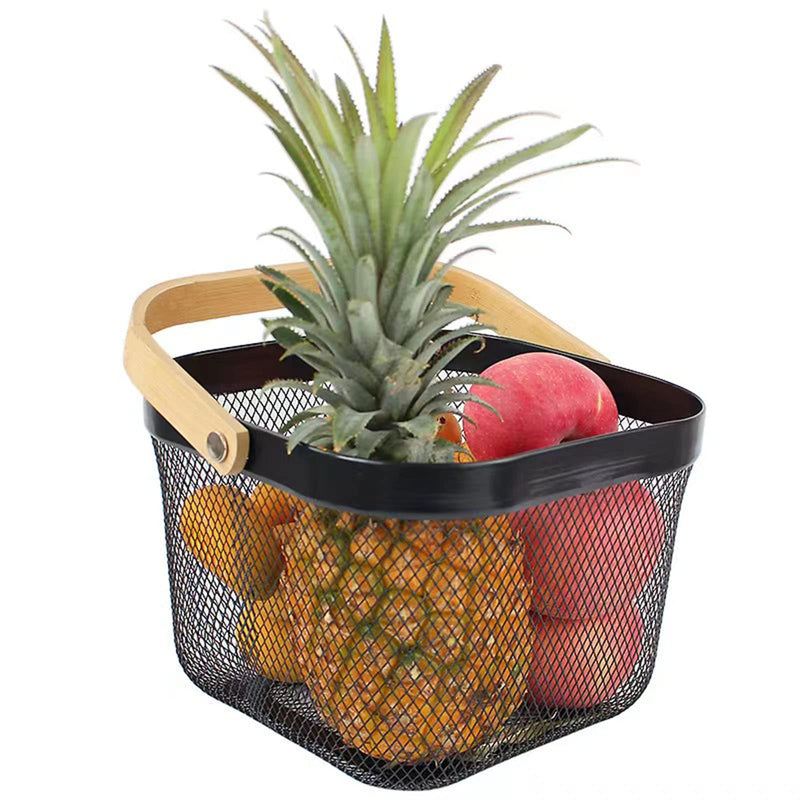 [Australia - AusPower] - AJIODA Metal Mesh Steel Basket, Storage Organizer Basket Multi-functional Hanging Kitchen Baskets Fruit Basket Bin with Bamboo Handle for Kitchen Bathroom Picnic Shopping Decor Cabinet Home, Black 