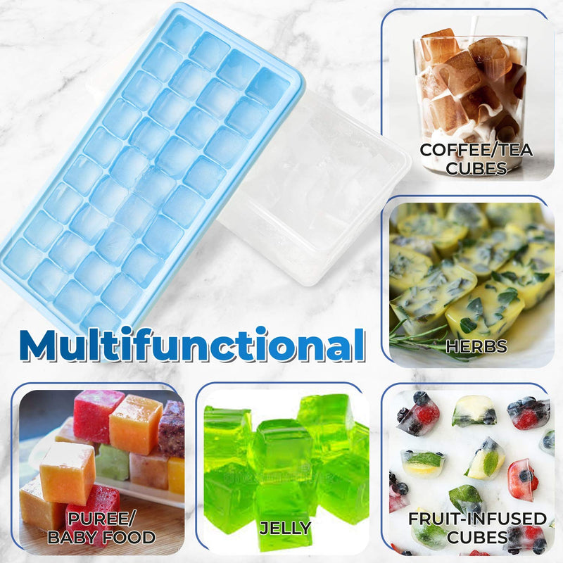 [Australia - AusPower] - Ice Cube Tray With Lid and Bin - Large Silicone Ice Tray For Freezer | Comes with Ice Container, Scoop and Cover| BPA Free| Space Saving Ice Cube Molds | Perfect for Cocktails, Waterbottles or Whisky! 36- Medium Ice Cubes Blue 