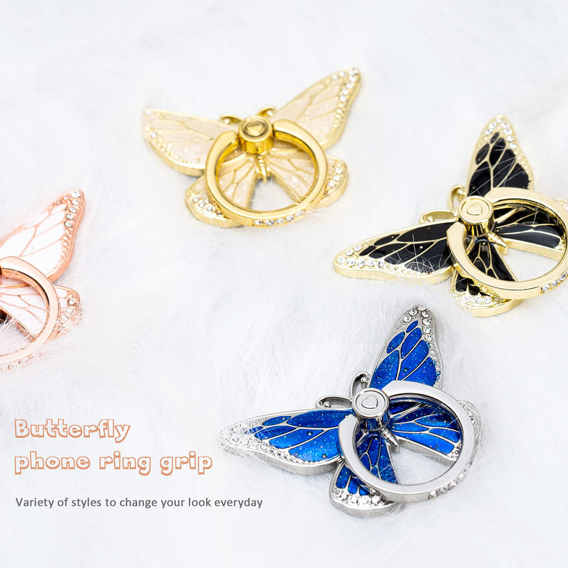 [Australia - AusPower] - Cell Phone Ring Holder Stand with Crystal Stone and Enamel Process, Butterfly 360° Rotation Finger Kickstand Metal Back Stand Hand Grip with Knob Loop Compatible with Smartphone (Gold Pearl White) 