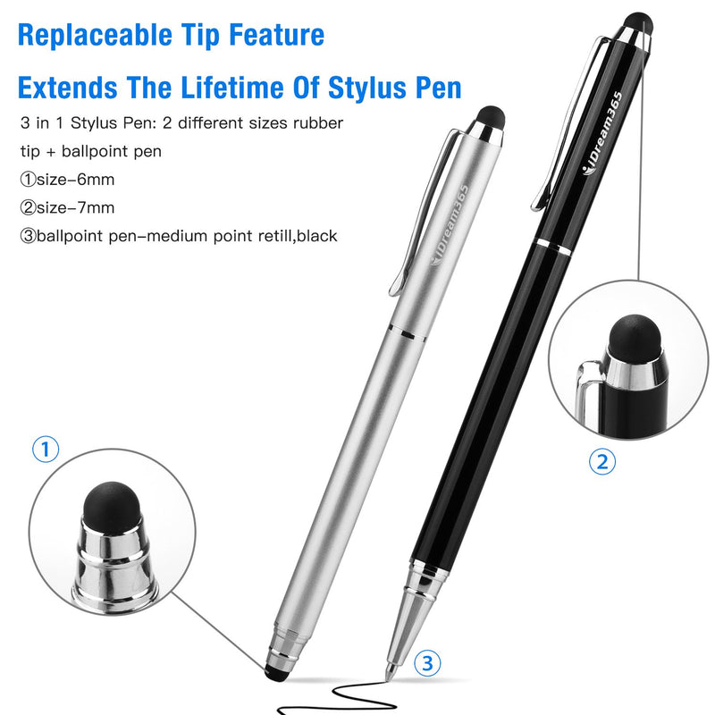 [Australia - AusPower] - 3-in-1 Stylus Pens for Touch Screens,Capactive Stylus for Smartphones,Tablets(5.7 inch Length)-Extra 2 Refills+8 Rubber Tips-Black&Silver 