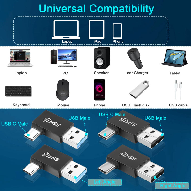 [Australia - AusPower] - QIANRENON 90° Angle USB3.1 Male to USB C Male Charging Adapter 10Gbps USB3.1 Plug to USB C Plug L Angle Data Connector QC60W/PD15W (only A to C), for Wall Charger PC Laptop,4Pcs (2 Left+2 Right) 2 Left+2 Right 